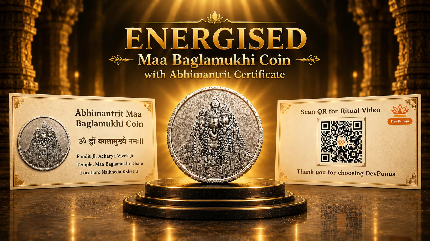 Abhimantrit Maa Baglamukhi Coin (Sikka) With Abhimantrit Certificate and Puja video for Protection, Victory & Divine Shakti 
