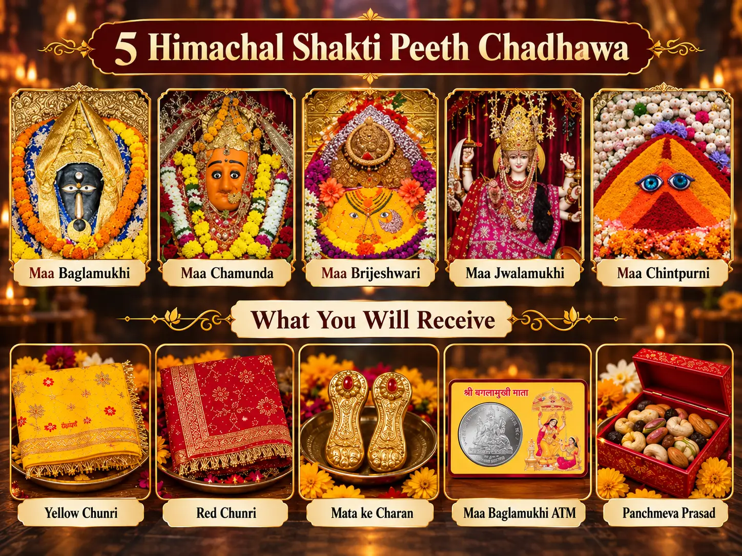 5 Himachal ShaktiPeeth Chunri Chadhawa & Prasad Kit Delivery - Maa Baglamukhi, Chamunda Devi, Maa Chintpurni, Jwalamukhi Devi, Kangra Brijeshwari